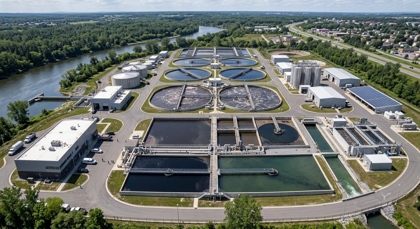 Wastewater treatment plant with large filtration tanks and industrial water processing equipment